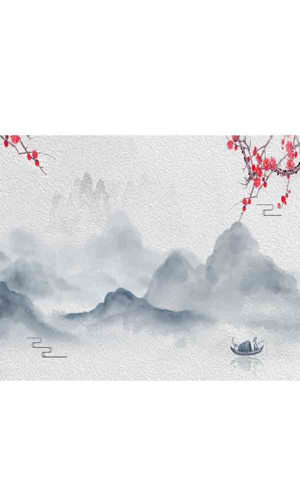 山水梅花水墨复古山水画海报背景_背景编号6159332